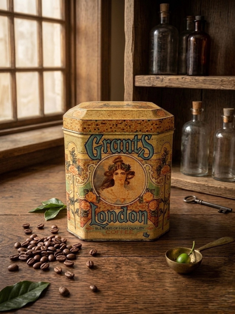 VTG Grant’s London Octagonal Coffee Tin 1950s English Litho Retro Kitchenalia